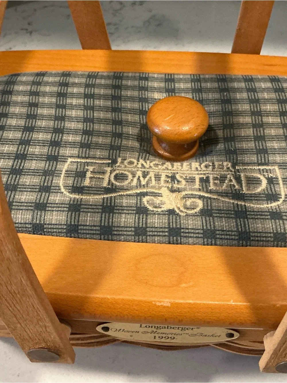 1999 Longaberger woven memories basketball woven with plaid blue lid